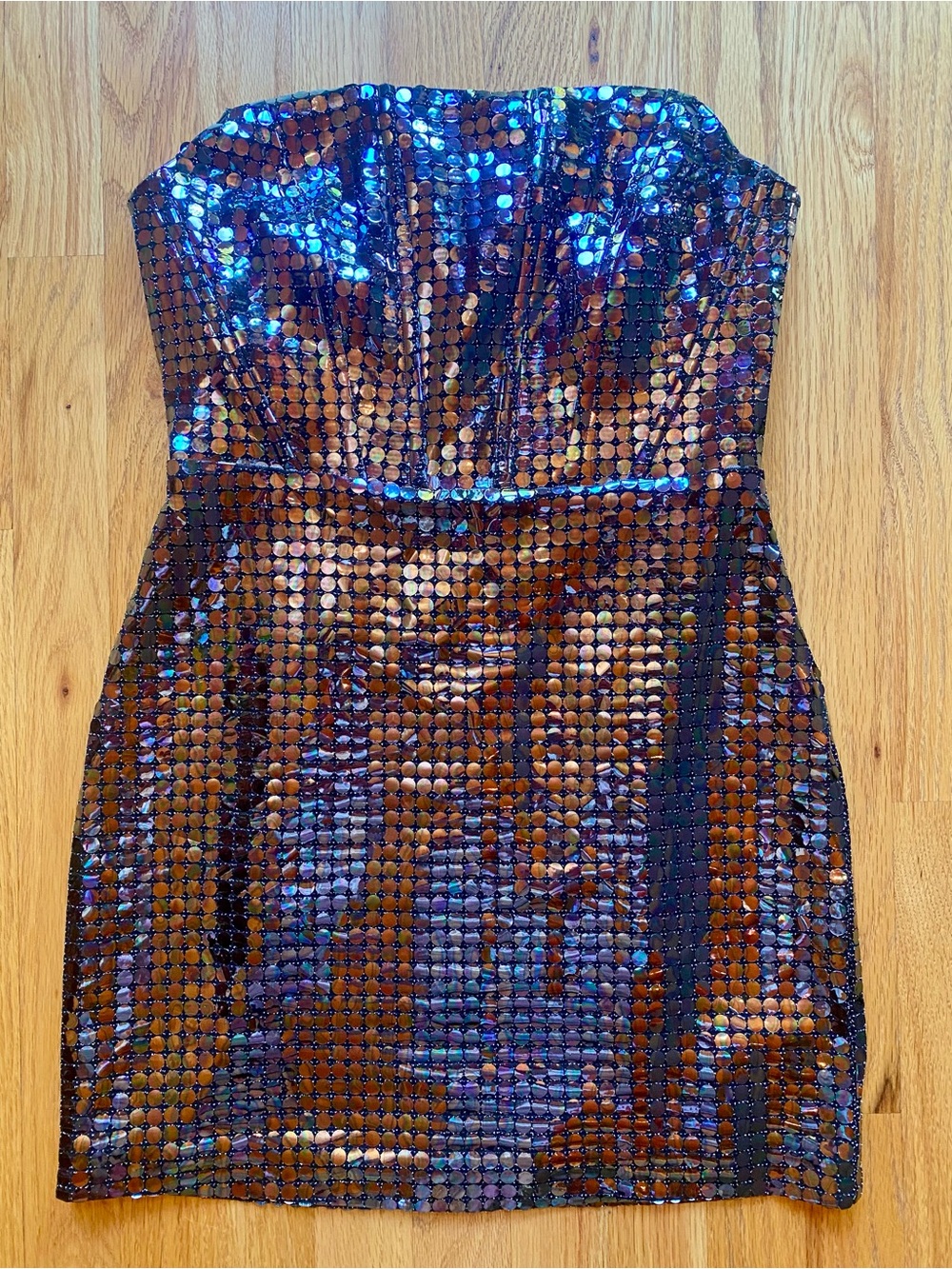 BCBGMaxAzria Iridescent Blue-Purple Sequin Strapless Mini